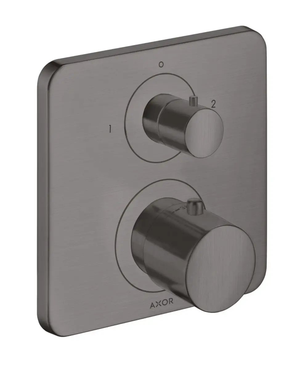 Thermostat mit zwei Drehreglern zur Temperaturregelung, montiert auf einer quadratischen Platte, Marke AXOR, in brushed black chrome.